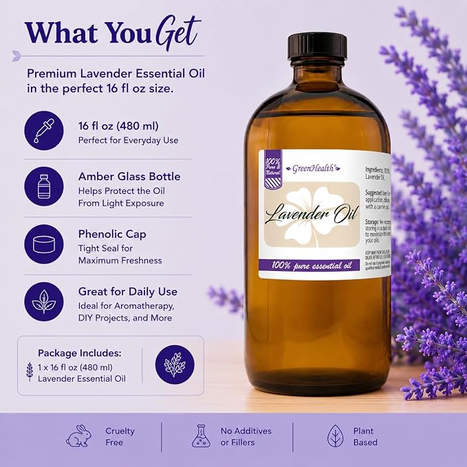 GreenHealth Lavender Essential Oil – 16 fl oz (473 ml) Amber Glass Bottle – 100% Pure & Uncut – Bulk Lavender Oil for Diffuser, Aromatherapy, Soap Making, Candles & DIY