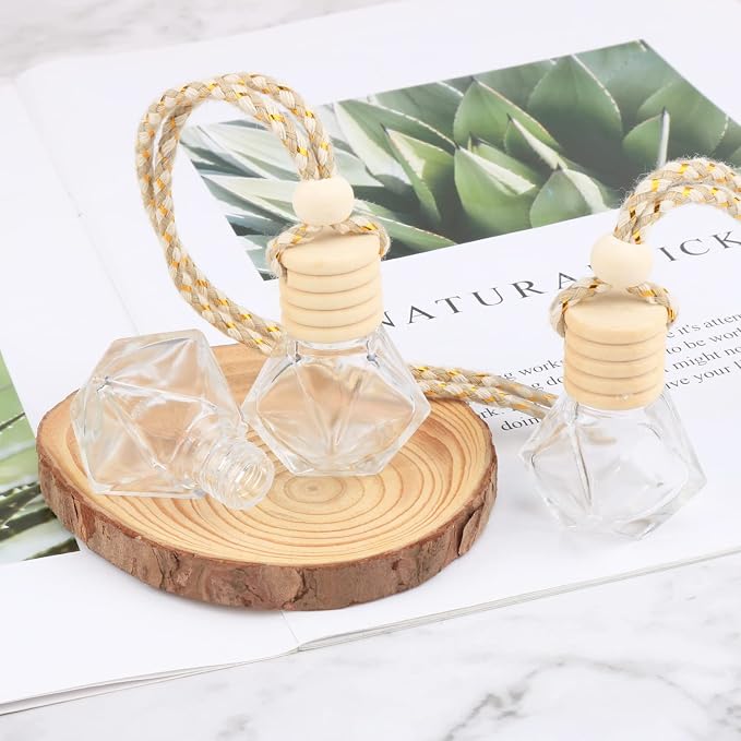 20 Pcs 8ml Hanging Car Air Freshener Diffuser,Empty Refillable Clear Glass Essential Diffuser Oil Aromatherapy Fragrance Perfume Pendant Vials with Wooden Caps & Hanging String