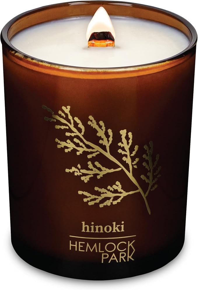 Hemlock Park Hinoki Amber & Gold Scented Candle | Crackling Wood Wick, Botanical Fragrance & Coconut Apricot Wax | Up to 50 Hour Burn Time | 7.2 oz | Made in USA