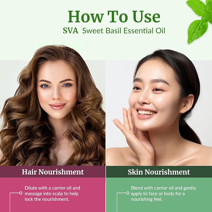 SVA Sweet Basil Essential Oil – 4 Fl Oz – 100% Natural Basil Oil - for Diffuser, Hair Care, Face, Skin Care, Aromatherapy, Scalp and Body Massage, Soap and Candle Making – with Dropper