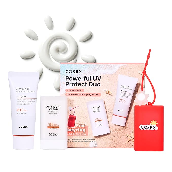 COSRX Vitamin E Sunscreen & Airy Light Sunscreen Stick with Free Keyring, Amazon Exclusive, Korean Sunscreen for Oily Skin, Beach Essentials, Summer Travel Essentials, Korean Skin Care Set