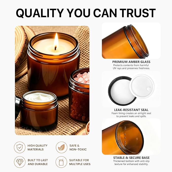 20 Pack Amber Glass Jars with Black Lids, 8 oz Empty Cosmetic Jars with 20 Spatulas & 24 Colorful Labels, 8oz/240ml Large Refillable Glass Cream Jars for Skincare, Lotion, Candles, DIY & Travel Kit