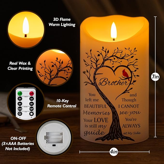 Flameless Memorial Candle, Real Wax LED Light with Remote Sympathy Bereavement Gifts for Loss of Loved One Sympathy Candles for Loss of Brother Remembrance Gifts (4" x 7")