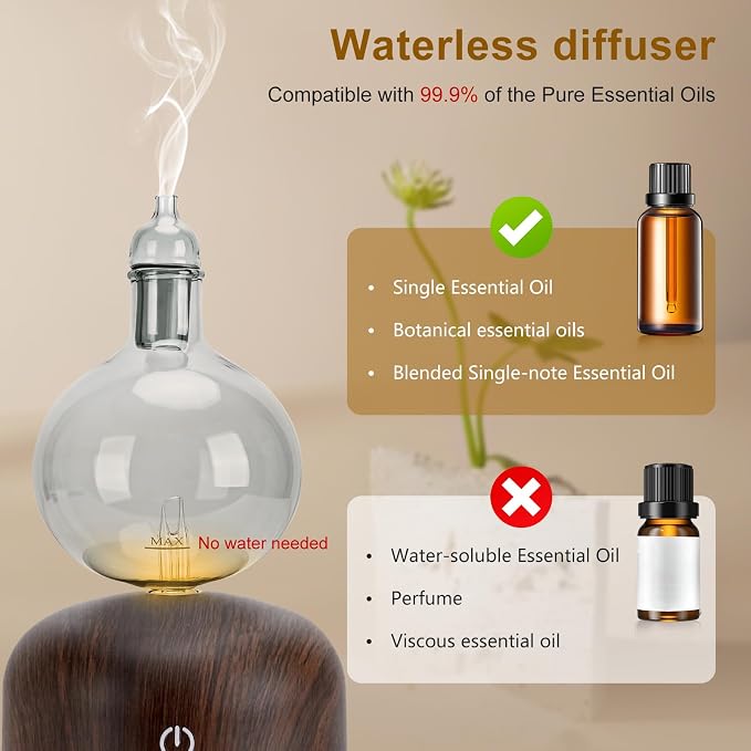 Lychee Rechargeable Waterless Essential Oil Diffuser, Aromatherapy Spray Glass Oil Diffuser, Touch Control with 2 Modes,Travel Portable，Silent Operation and Auto-Off Yellow Light for Home Office