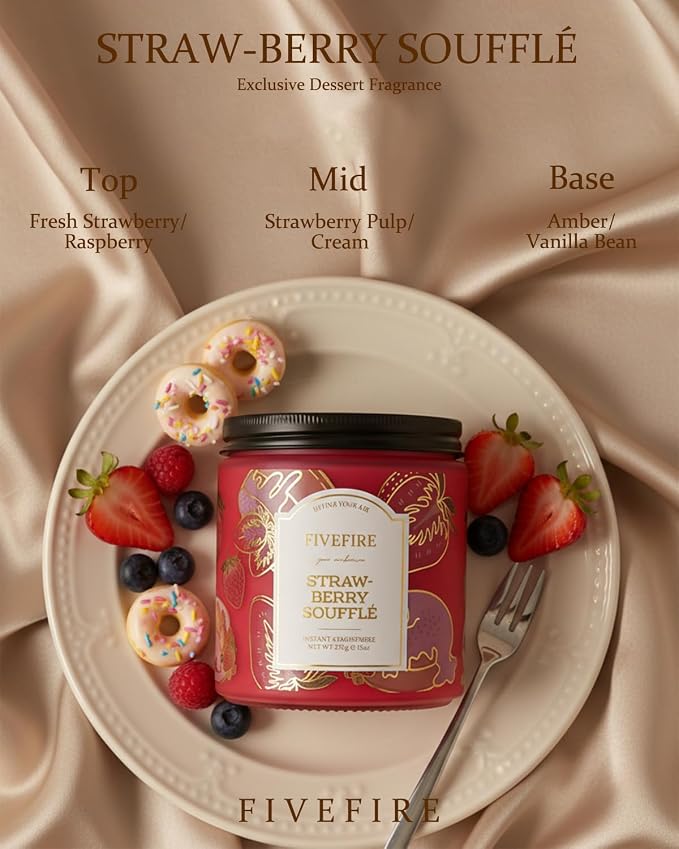Strawberry Souffle Scented Candles for Living Room, 13oz Natural Soy Wax 2-Wick Jar, Up to 76-Hour Clean Burn, Sweet Creamy Bakery Home Fragrance, Gift for Women Men