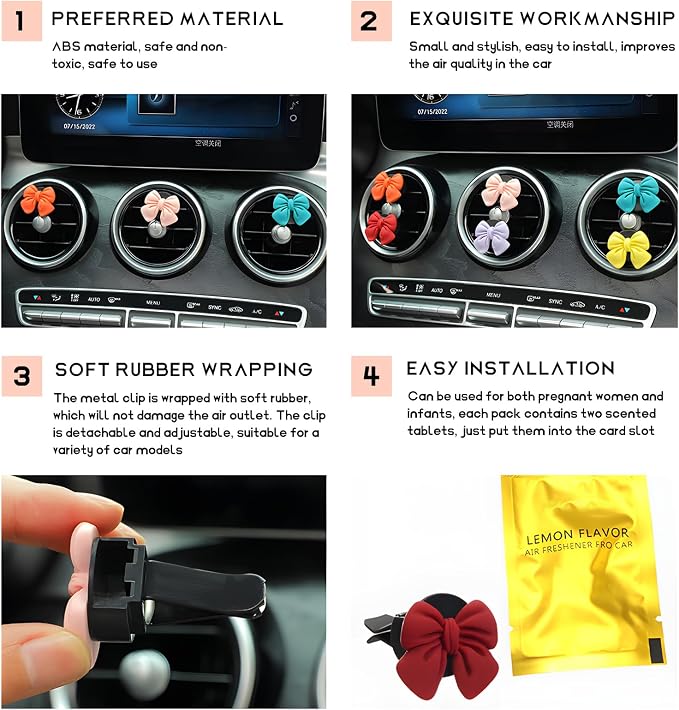 KVAEY 9 PCS Pink Bow Car Air Freshener, Automotive Cute Pink Bow Air Outlet Clips with Scent Pieces, Universal Coquette Car Air Vent Diffuser for Women and Girls (Red)