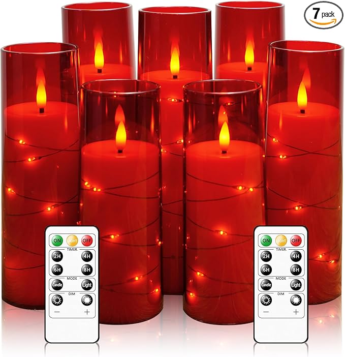 Eebuss Flameless Candles with Embedded Star String, Battery Operated LED Pillar Candles with Timer and Remote Control,Home Decorating for Ambiance， Set of 7 (Red)