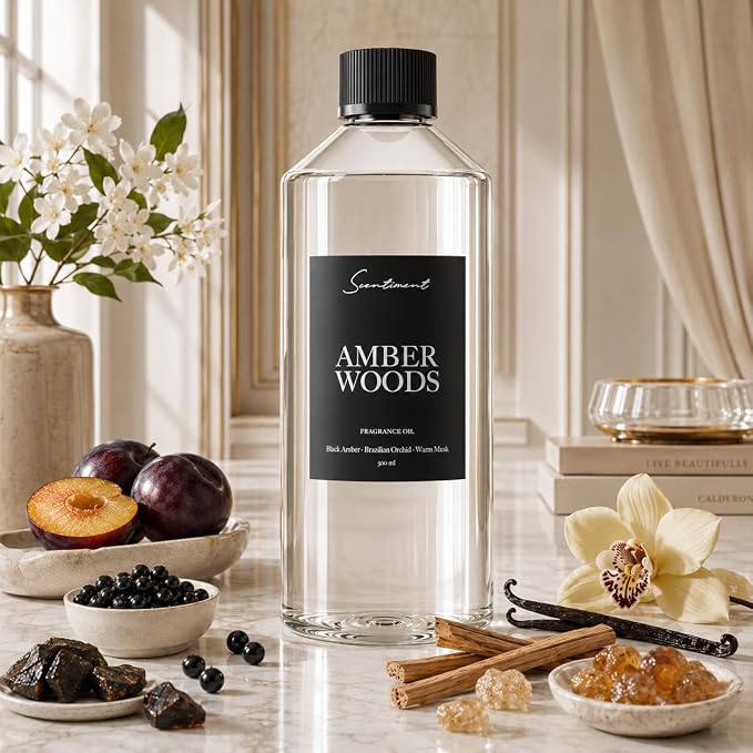 Scentiment Amber Woods Diffuser Oil - Premium Hotel Scent with Notes of Black Amber, Plum, & Crème de Cassis Home Scent, Aromatherapy Fragrance Oil Diffuser Refill - 16.91 fl oz (500 mL)