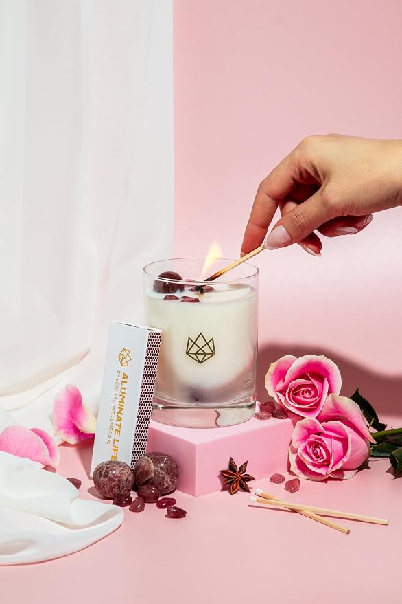 Luxury Glass Jar Candle, 14 OZ, Sensual - Strawberry Quartz Crystal Infused - Scents of Star Anise, Rose, Sichuan Pepper & White Musk - Coconut Wax, Essential Oils, Dr. Developed