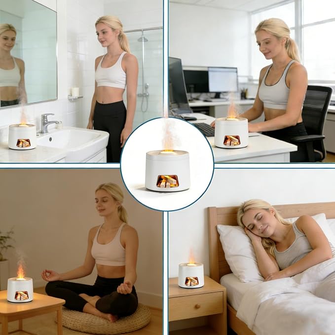180ml Quiet Aromatherapy Diffuser, Ultrasonic Essential Oil Humidifier with Auto Shut-Off & 7-Color Flame Light for Home Bedroom Living Room Kitchen (White)