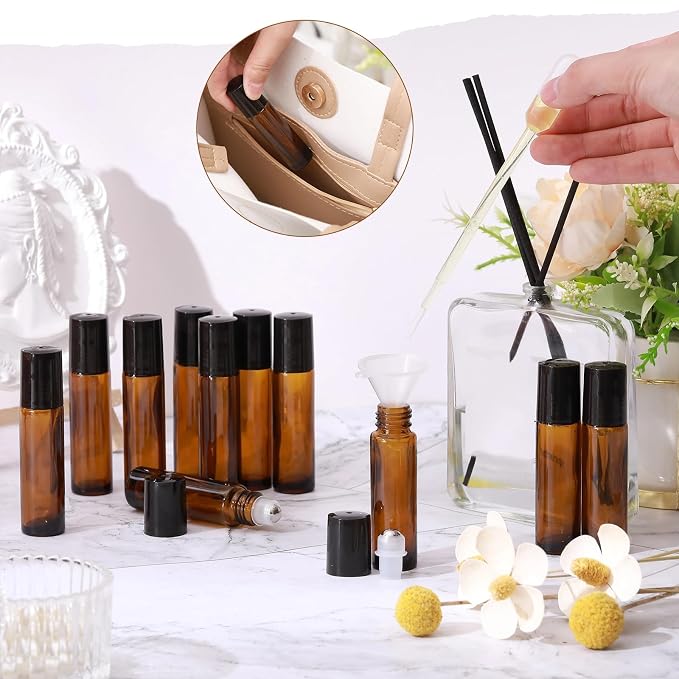 Domensi 30 Pcs Essential Oil Bottles, 10 ml Glass Bottle with Stainless Steel Roller Ball and Cap for Travel, Perfume, Lip Balm, 2 Funnels, 0.5 ml Dropper(Amber)