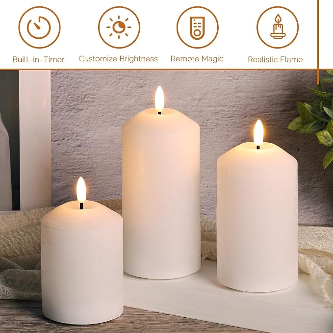 White Flameless Pillar Candles with Remote, Real Wax LED Candles Battery Powered Flickering Set of 3