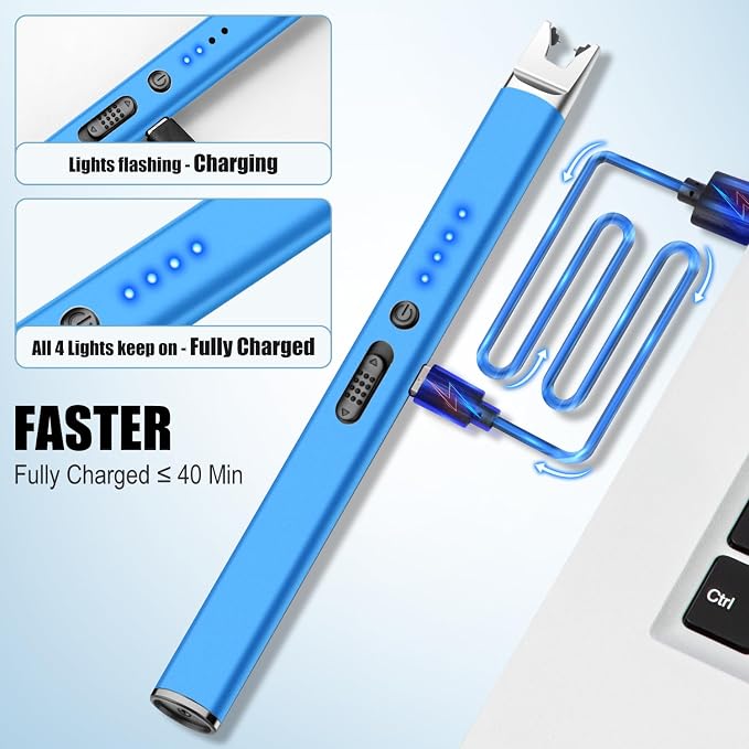 LcFun 2 Pack Blue Candle Lighter Electric USB Rechargeable Plasma Arc Lighter with Safety Lock, Windproof Flameless Long Lighters for Candle, Grill, BBQ, Camping, Gas Stoves