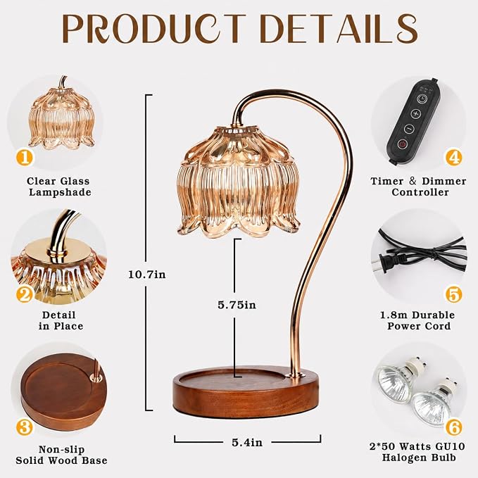 Funistree Flower Candle Warmer Lamp with Timer, Dimmable Candle Lamp Warmer, Christmas Birthday Gifts for Women Mom Her, Housewarming Home Decor, Lotus Wax Warmer for Yankee Candles - Lily Amber