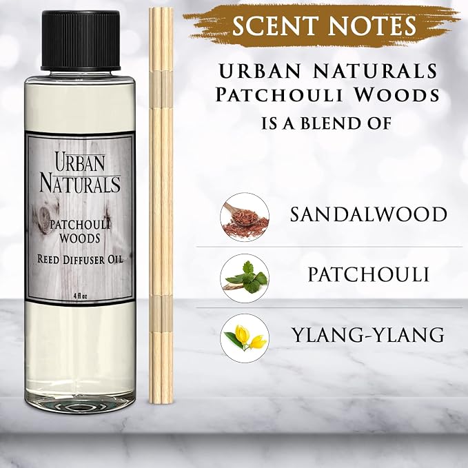 Urban Naturals Patchouli Woods Reed Diffuser Refill Oil with Replacement Sticks Kit | Sandalwood, Patchouli & Ylang Ylang Room Scent. Vegan. Made in the USA
