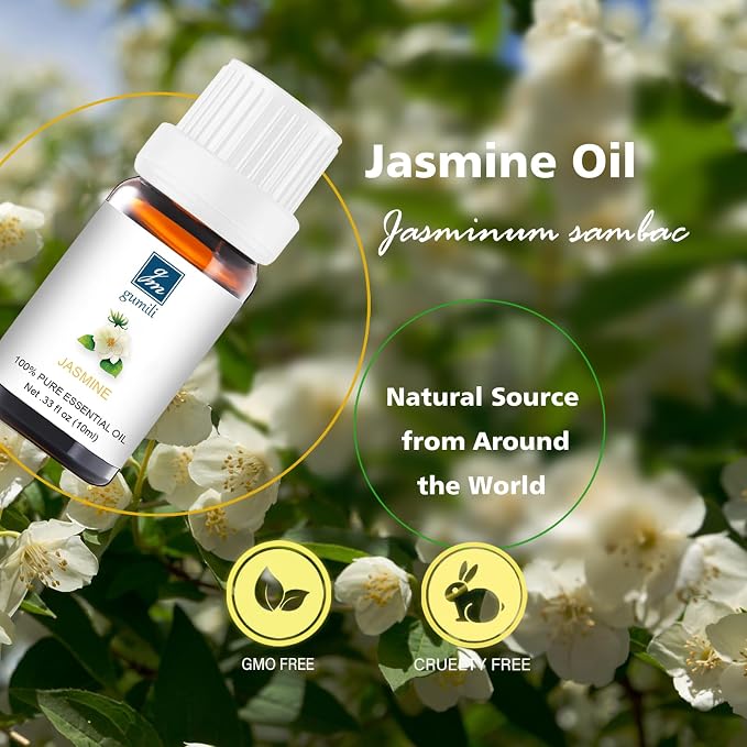 GM Gumili Jasmine Essential Oil - Pure Organic Jasmine Oil for Skin, Hair, Diffuser, Spray, Roll On, Body, Massage - Floral Scent, 10mL