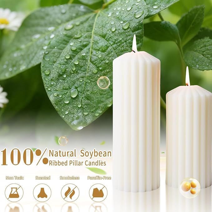 3 Pcs White Ribbed Pillar Candles-Vanilla Cake Scented,Natural Soy Wax,Non Toxic,Smokeless-2.8" x4,6,8in Modern Aesthetic Aromatherapy Candles for Home,Dinner Table,Living Room,Housewarming Gift