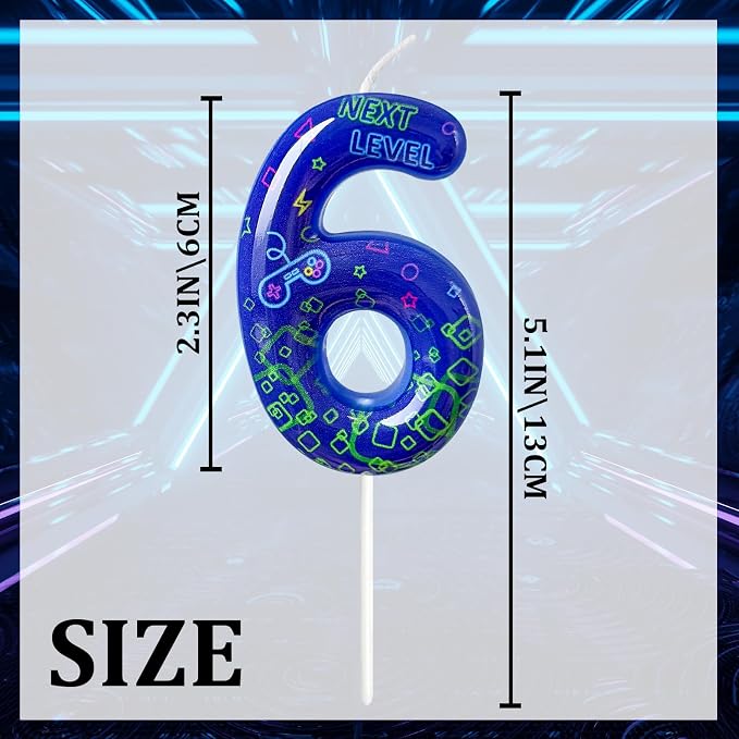 Number 6 Birthday Candle for Cake – Blue Gaming Theme Number Candle with “Next Level” Design, Video Game Style Cake Topper for Anniversary & Celebration