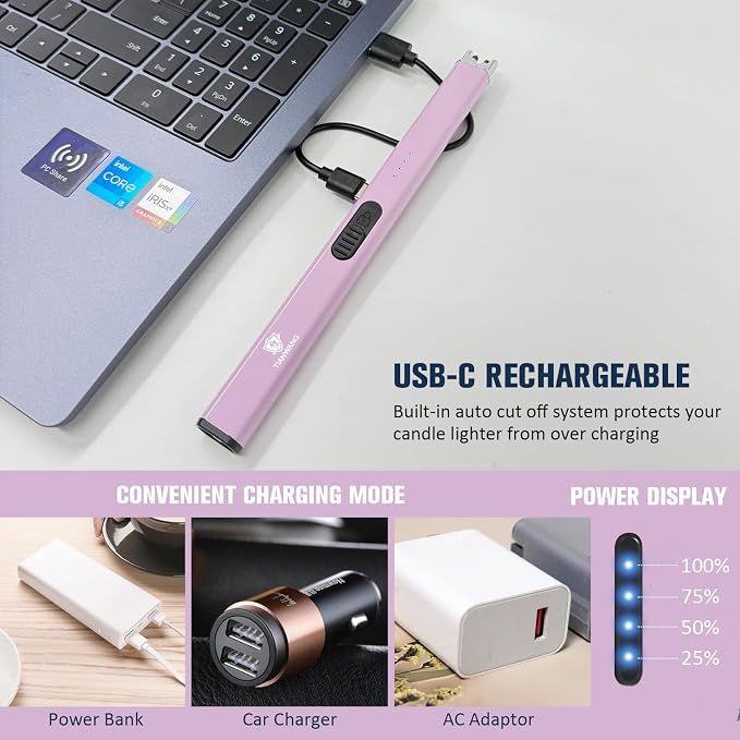 Elegant Electric Candle Lighter for Women with USB-C Charging, Portable and Easy to Use, Stylish Arc Lighter for Candles (Pink)