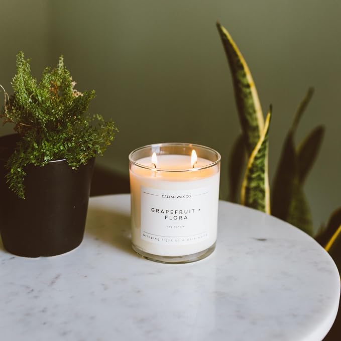 Calyan Wax Co. Grapefruit & Flora 2 Wick Scented Candle - 37 Hour Burn - Luxury Clean Soy Wax Candles - Long Lasting Large Glass Jar Candle for Home - 8.8oz
