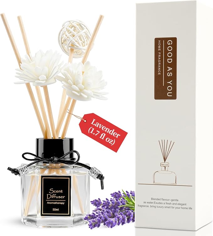 Lavender Reed Diffuser 1.7 fl oz, Calming & Relaxing Home Scent, Natural Non-Toxic Plant-Based Essential Oil with 6 Scent Sticks, Long-Lasting Air Freshener for Bedroom & Bathroom
