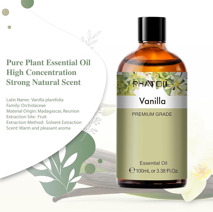 PHATOIL 100ML Vanilla Essential Oil, Huge 3.38fl.oz Bottle Vanilla Oil, Pure Aromatherapy Essential Oils for Diffuser, Humidifier, Scented Oils for Soap, Candle Making