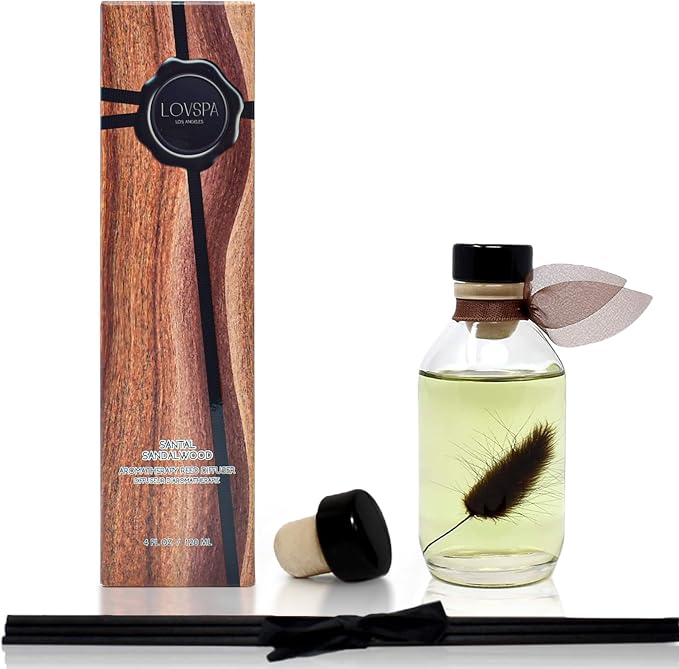 Reed Diffuser Set, Santal (Sandalwood) Scented Oil Diffuser with Sticks, Home Fragrance Accessories for Bathroom Shelf Decor, Aroma Diffusers for Home or Office Fall Decor, USA Made