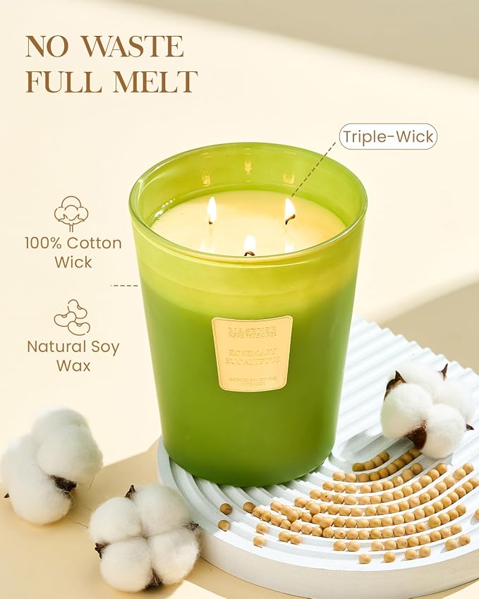 M&SENSE Rosemary Eucalyptus Soy Candle, 35oz 3‑Wick 150H, Large Summer Aromatherapy Candles Bathroom Freshness, Mental Clarity Gift