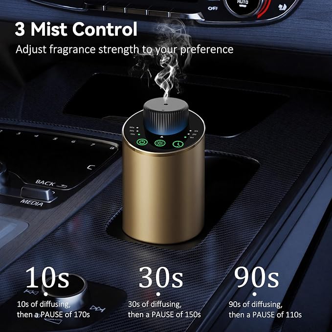 Waterless Essential Oil Diffuser Aromatherapy Scent Diffusers for Home Large Room, Bedroom, Car, Office, Desk, Battery Operated Mini Portable Air Freshener, 3 Countdown Timers & 3 Mist Levels, Gold