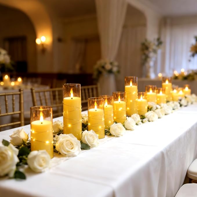 kakoya Flameless LED Candles with Timer 24 Pc Flickering Flameless Candles for Romantic Ambiance and Home Decoration Stable Acrylic Shell,with Embedded Star String，Battery Operated Candles(Gold)