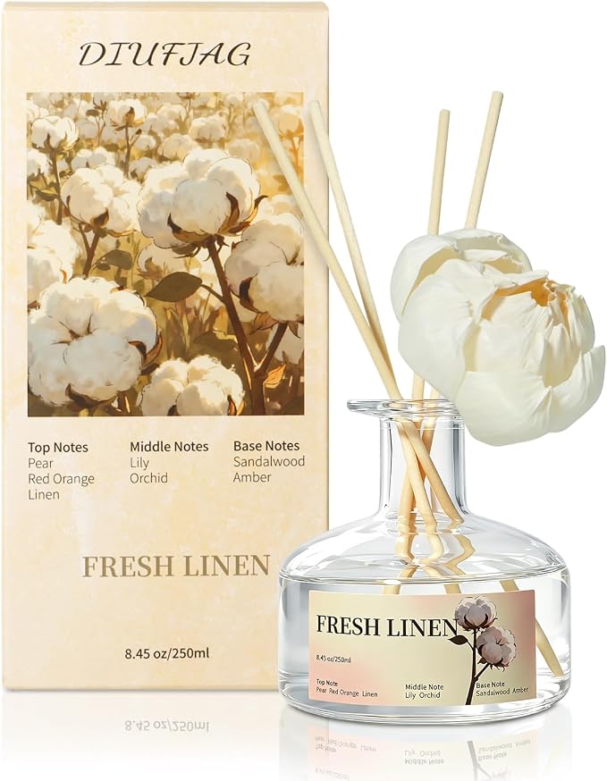 8.45 oz Fresh Linen Scent Diffusers with 6 Reed Sticks,250ml Reed Diffuser for Bathroom Room Air Freshener, Last up for 50 Days