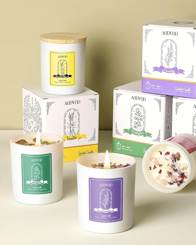 AOOVOO Lavender Scented Candle Set 2 Pack, Infused with Energy Crystals, The Scent Blends with The Energy to Create a Relaxing Atmosphere