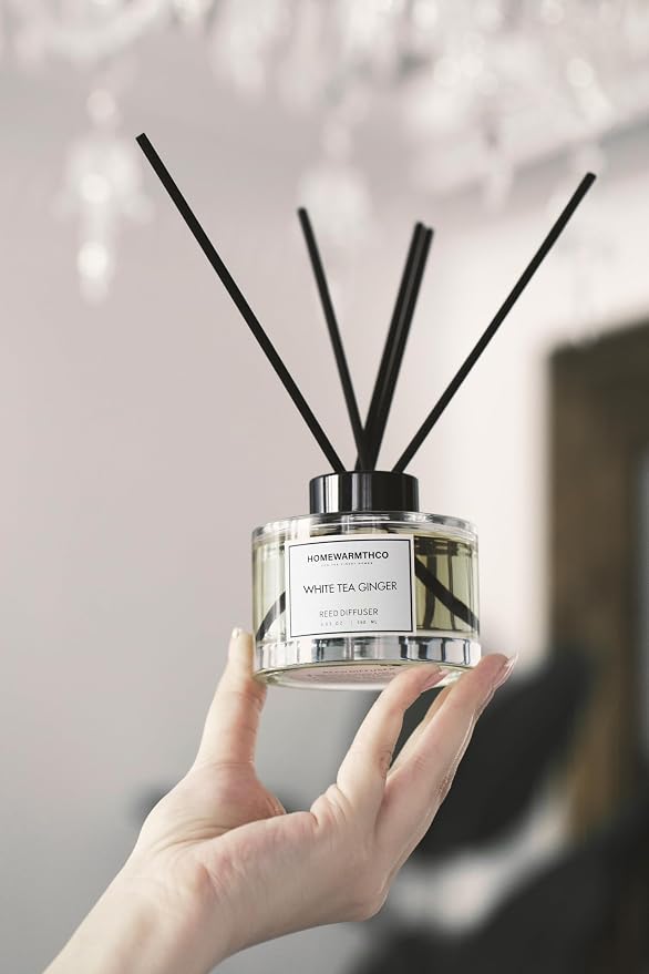 White Tea Amber Reed Diffuser Set–Luxury Natural Fragrance Reed Diffusers for Hotel, Office, Bathroom, Kitchen, Home & Shelf Decor Long Lasting Scent with Non-Toxic Oils Gift Ready 5.63 oz 160ml