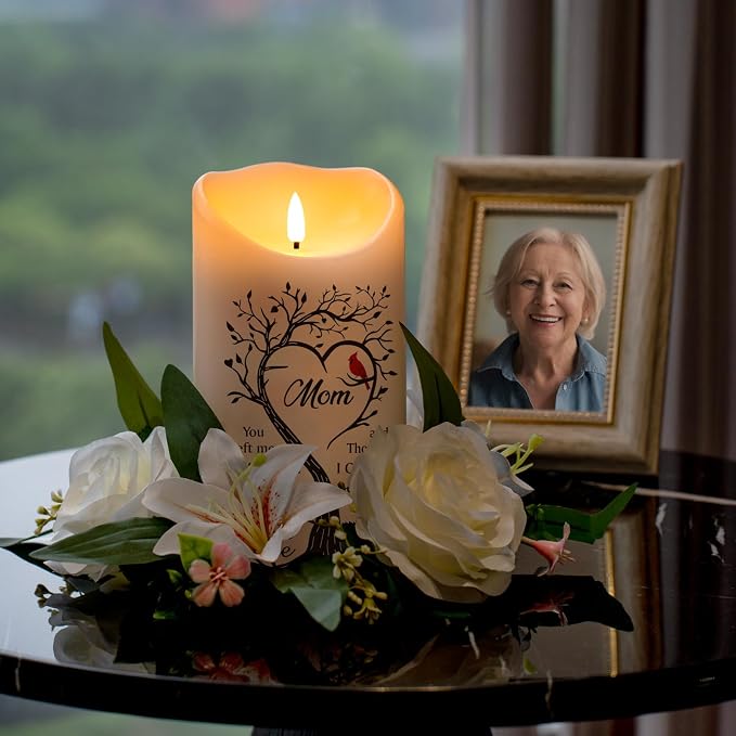 Flameless Memorial Candle for Loss of Mother, Real Wax Sympathy Gifts for Loss of Mom, Memorial Condolence Bereavement Gift in Memory of Mom (4" x 7")