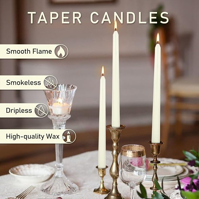 YOROXRG 100Pack Ivory Taper Candles, 7-8 Hours Burn Time, Unscented, Smokeless and Dripless, 0.75 x 10 Inch Dinner Candle Set for Household, Wedding, Party and Home Décor Candlesticks