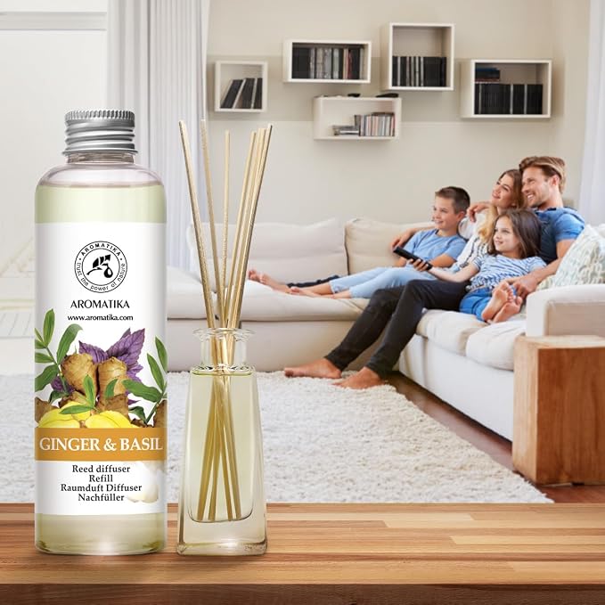 Reed Diffuser Refill Ginger & Basil 6.8 Fl Oz - Aroma Diffuser with Essential Ginger Oil - Fragrance Diffuser - Spicy and Fresh Fragrance - Natural Fragrance - Aromatherapy - Air Freshener