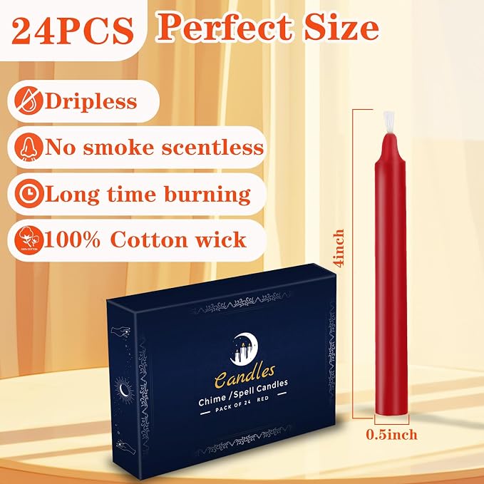 Kunrsug 24 Pack Red Spell Chime Candles – Premium Mini Unscented Taper Candles for Rituals, Prayer, Birthdays, Meditation, Altar, Spells, Chime Candles - 4 Inch Tall - Ideal for Witches