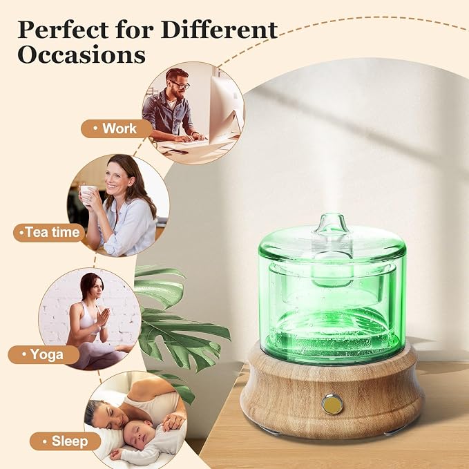 Lecdura 80ML Glass Essential Oil Diffuser with Glass Reservoir & Wood Base, Small Ultrasonic Aroma Diffusers with Auto-Off 7 Color for Home Office Bedroom Yoga