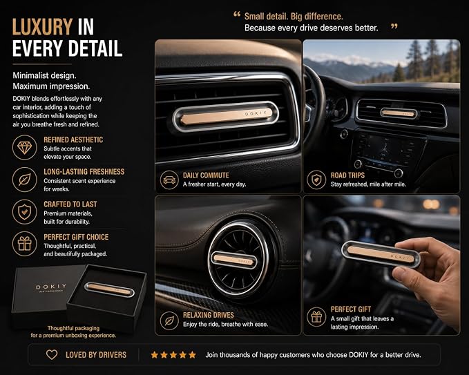 Slim Aviation Alloy Car Air Freshener, Universal Vent Clip Aroma Diffuser with 6 Refill Sticks - Orange Cologne & Ocean - Magnetic Metal Housing, Alcohol-Free Odor Neutralizer for All Standard Vents