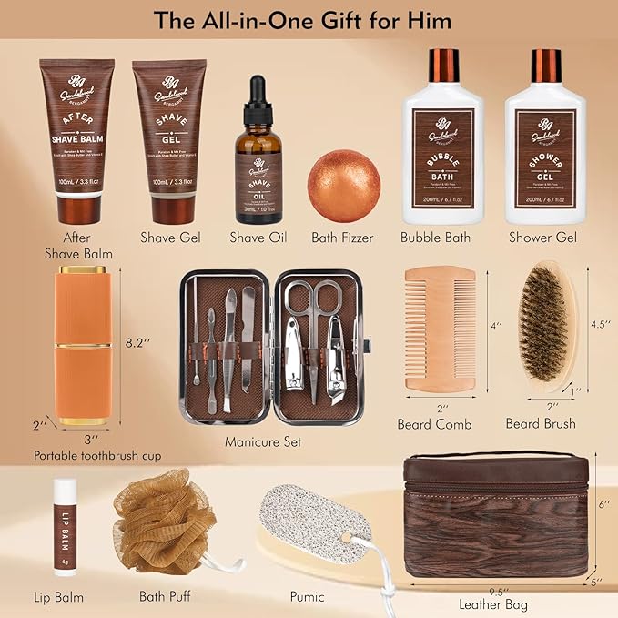 21 Pcs Sandalwood Bath & Body Care Gift Basket Set for Men, Father's Day Gifts for Dad, Men Skin Care Gift Set, Leather Bag, Home Spa Kit, Birthday,Anniversary, Christmas, Boyfriend