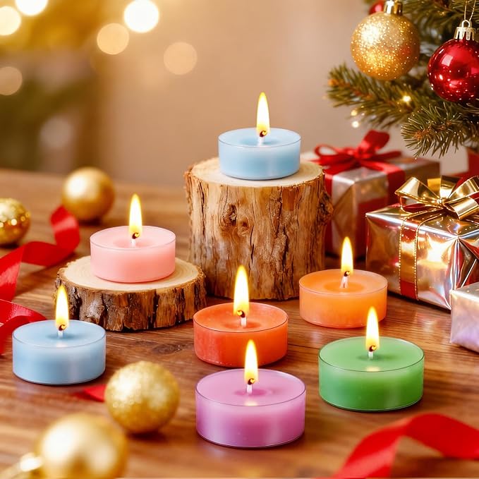 Colored Scented Tealight Candles, 16 Pack Soy Wax Colorful Tea Lights in 4 Scents for Home Decor, Relaxation & Gifts | Long-Lasting | Cedar, Amber Sandalwood, Lavender, Fig & Patchouli