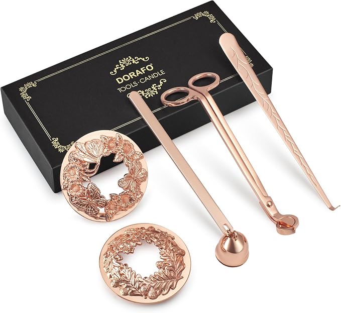 5 Pieces Candle Care Kit with Gift Box, Including Wick Trimmer、Candle Snuffer、2 Candle Toppers and Wick Dipper, Antique Brass Accessories Set for Candle Maintenance & Decoration (Rose Gold)