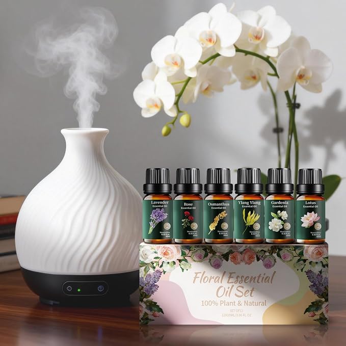 Floral Essential Oils Set 12x10ml, Pure Rose Jasmine Lavender Ylang Ylang Gardenia Freesia Osmanthus Lily Lotus Magnolia Geranium Clove – Aromatherapy for Diffuser, Skin, Hair, Candle & Soap Making
