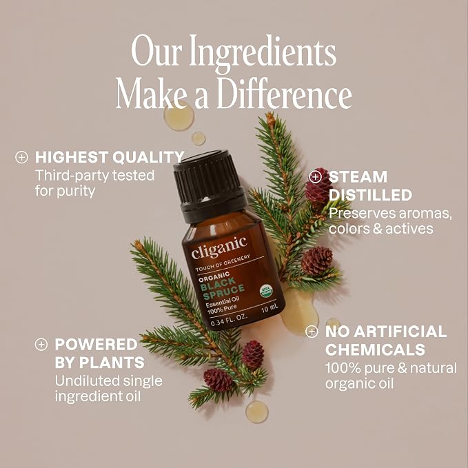 Cliganic Organic Black Spruce Aromatherapy Essential Oil - 100% Pure, Unrefined Diffuser Oil, USDA-Certified, Vegan, Centers & Grounds Emotions, Refreshes the Space