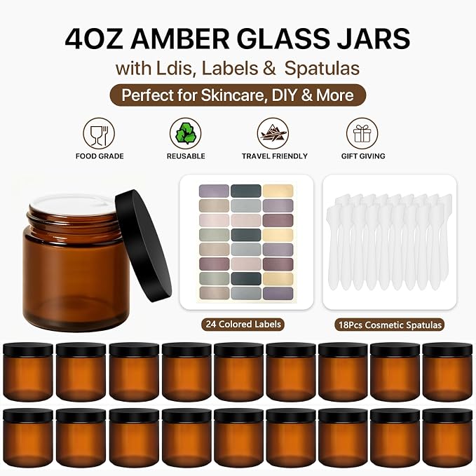 4 oz Amber Glass Jars with Lids, 18 Pack Cosmetic Storage Containers with 18 Spatulas & 24 Labels, Refillable Small Glass Jars for Cream, Lotion, Balm, Candles, Travel & DIY Skincare Kit