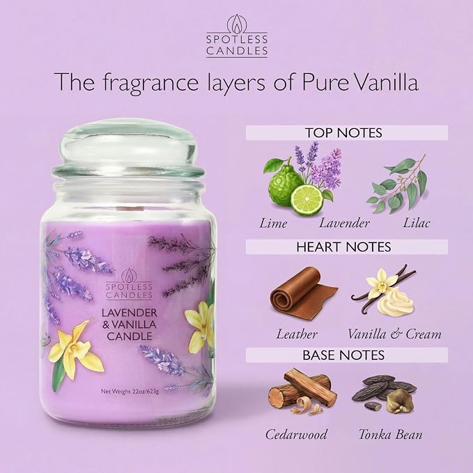 Spotless Leopard Vanilla & Lavender Candle 22oz Glass Jar with Wooden Wick in a Decorated Jar Within a Presentation Gift Box and Protective Shipping Box