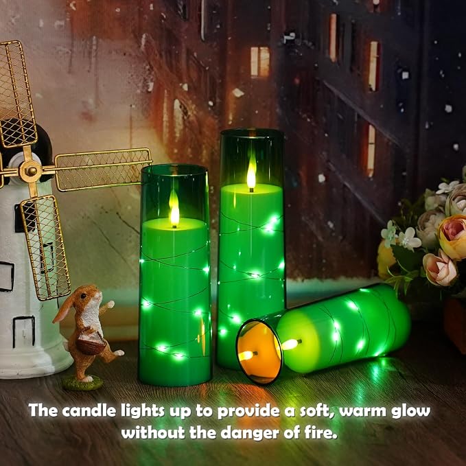 kakoya Flameless LED Candles with Timer 5 Pc Flickering Flameless Candles for Romantic Ambiance and Home Decoration Stable Acrylic Shell,with Embedded Star String，Battery Operated Candles（Green）