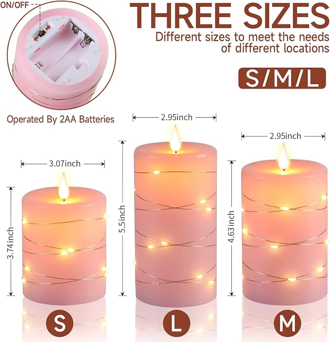 Upinmz Flickering Flameless Candles with Embedded String Lights, Battery Operated Candles with Remote Control and Timer,LED Candles for Home Decoration,Real Wax, 3 Pack Pink