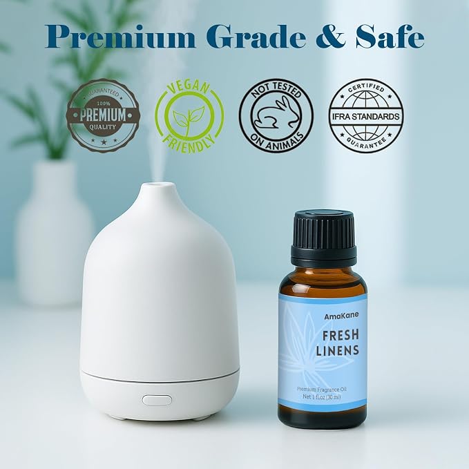 AmaKane Fresh Linens Fragrance Oil 30ml, Clean Essential Oils for Diffusers for Home, Long-Lasting Aromatherapy Oil, Fresh Scent for Candle Making Soap Laundry