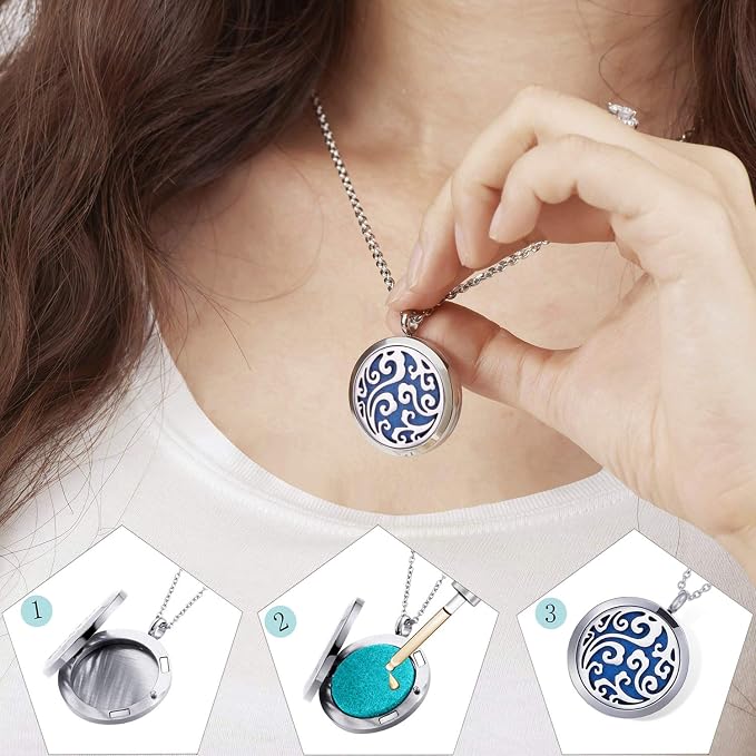 Essential Oil Necklace Diffuser Family Tree of Life Necklace Pendant Aromatherapy Locket 49 Refill Pads (Cloud Diffuser Locket)